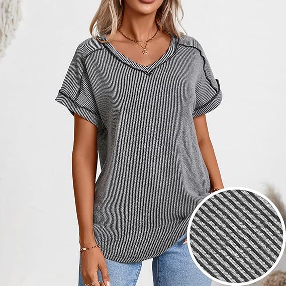 Fashionable Two-tone Twisty Stretch Short-sleeve V-neck Top Women's T-shirt