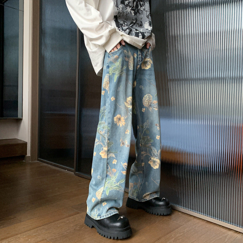 Men's Printed Floral Wide-leg Washed Jeans Mid-waist Straight Pants