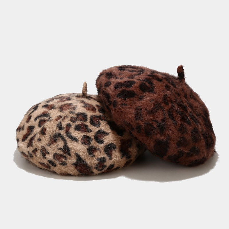 Rabbit Fur Beret Print Leopard Painter Hat Warm Bud