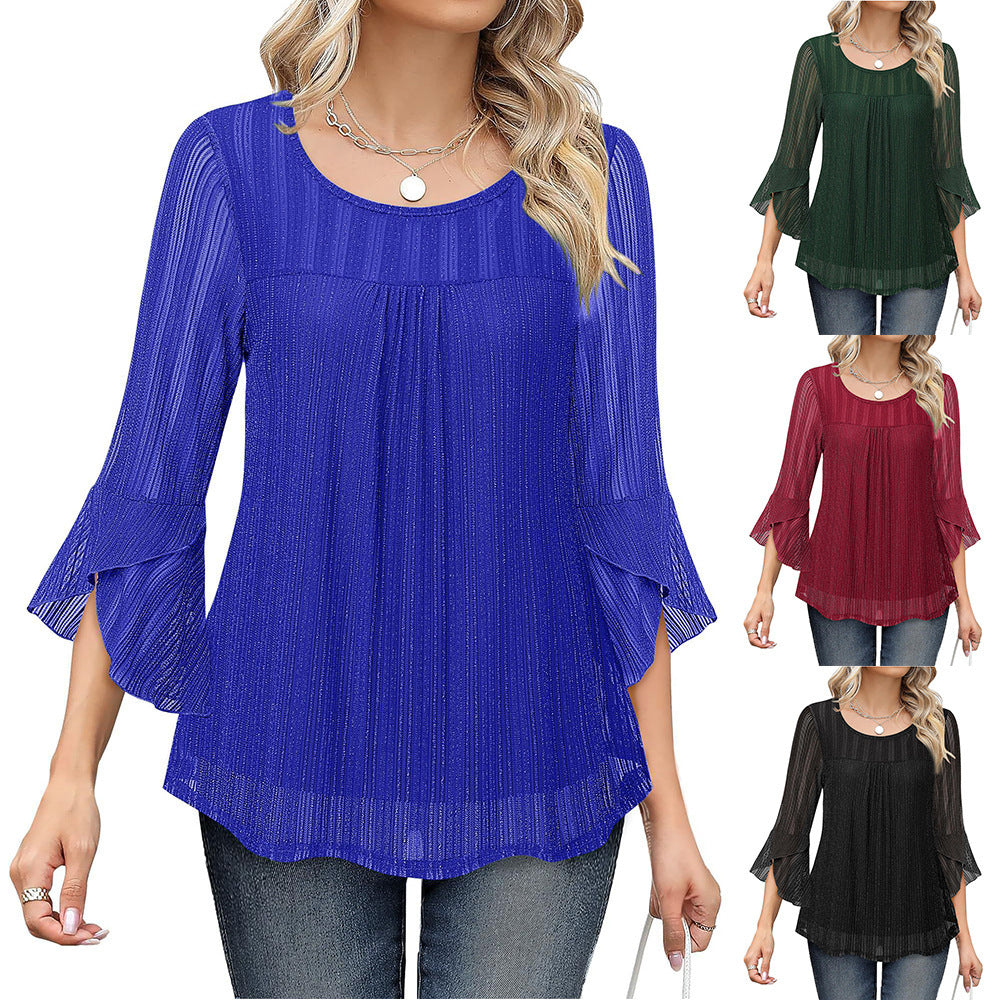 Elegant And Stylish Round-neck Top With Ruffled Sleeves And Sparkling Mesh Fabric