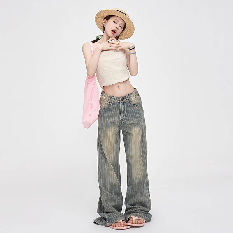 Retro Light-colored Distressed Low-rise Striped Jeans