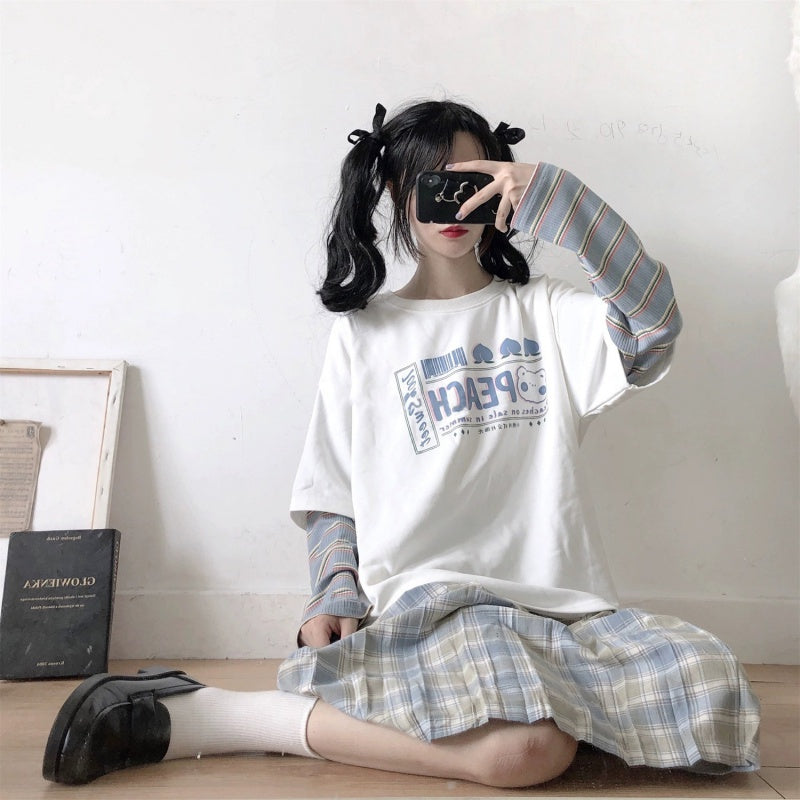 Japanese Vintage Fake Two-piece Long-sleeved T-shirt