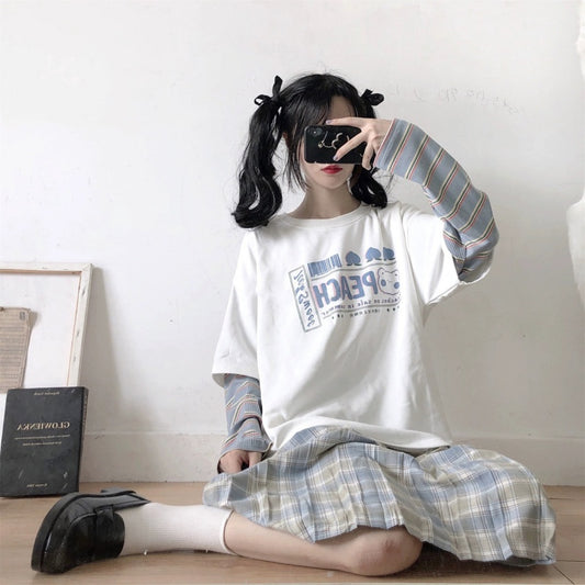 Japanese Vintage Fake Two-piece Long-sleeved T-shirt