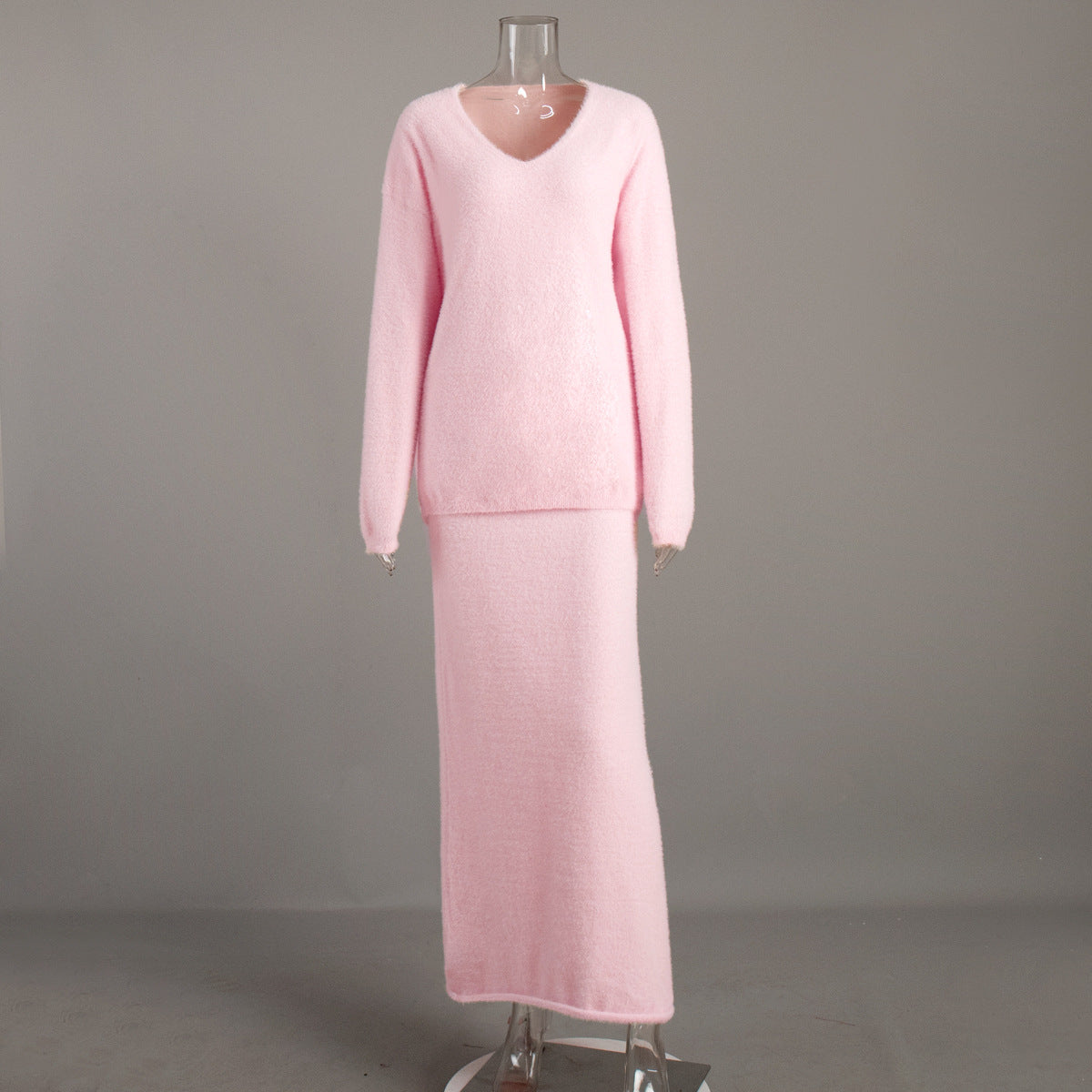 Simple Knitting V-neck Sweater Skirt Suit