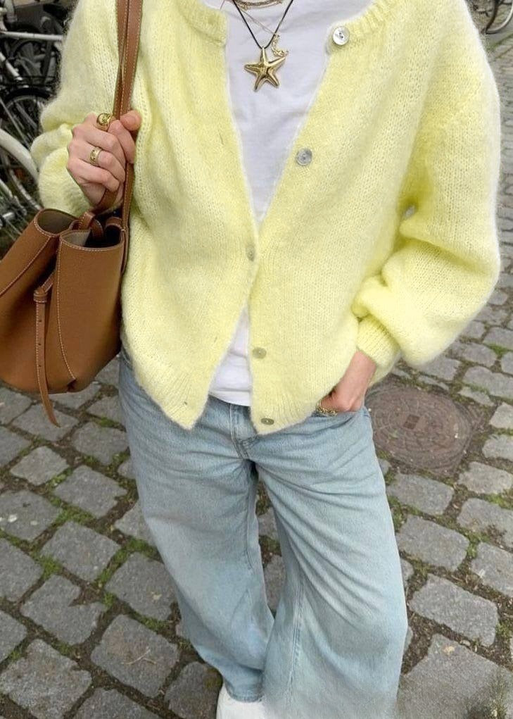Natural Shell Button Simple And Thin Round Neck Velvet Cardigan Women's Sweater