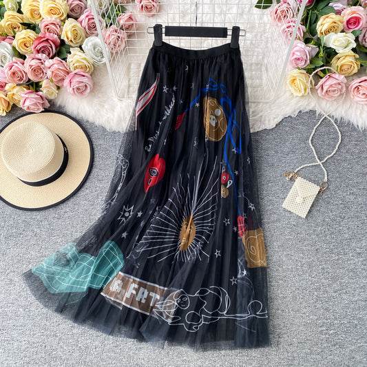 High-Waisted Slimming A-Line Maxi Skirt With Floral Print And Mesh Fabric