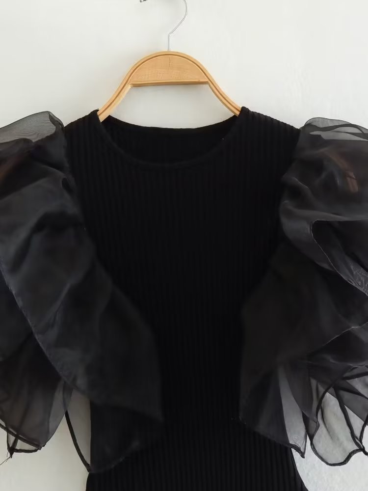 Spring Women's Round Neck Solid Color Organza Top Jumpsuit