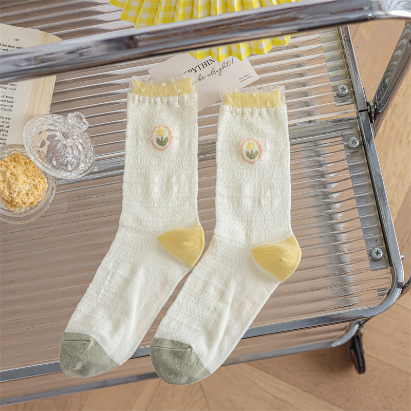 Tulip Yellow Green System Glass Silk Pile Women's Socks