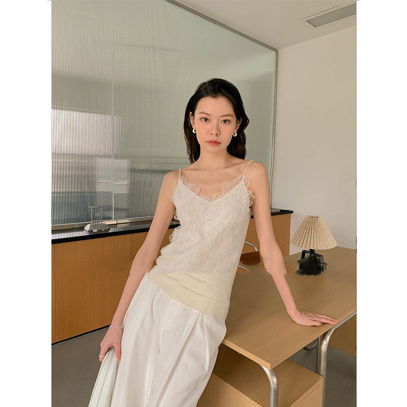 Temperament And Thin Lace Stitching Single Wear Knitted Vneck Suspender