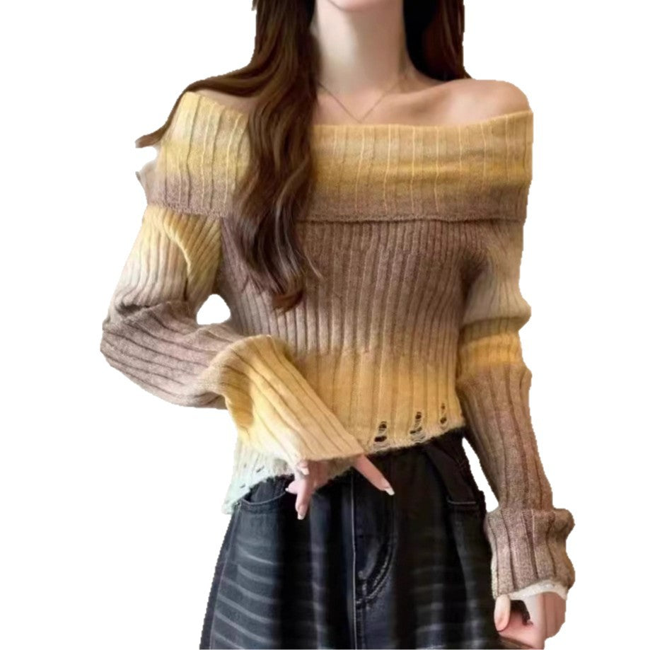Off-shoulder Gradient Irregular Slim-fit Sweater For Women