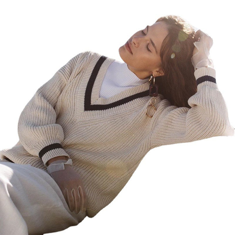Casual Stitching Contrast Color Slim Loose Women's Sweater