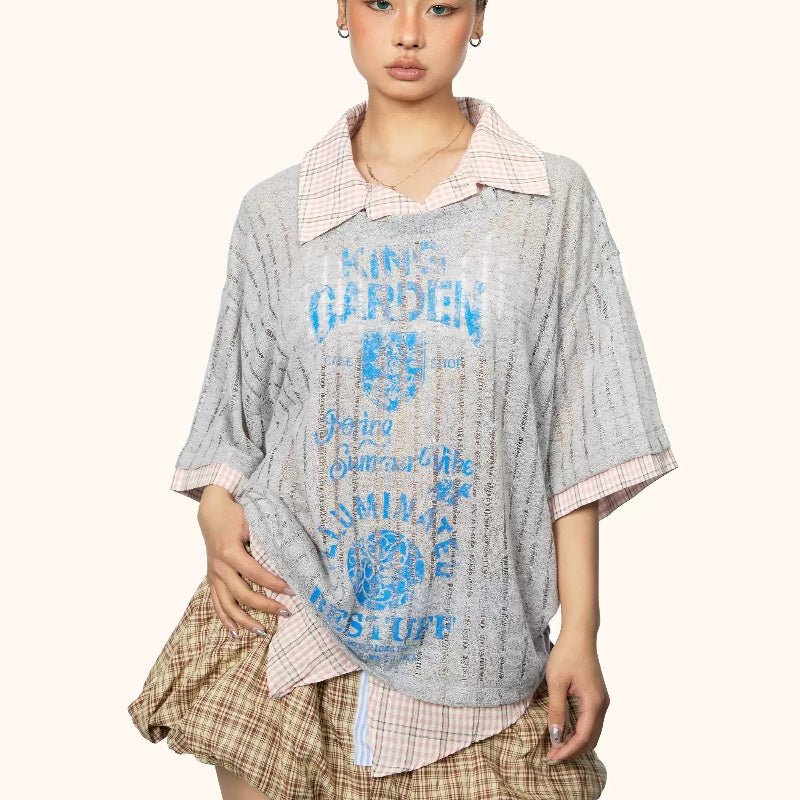 Fake Two-piece Printed Hollow-out Short-sleeved T-shirt Female Summer New