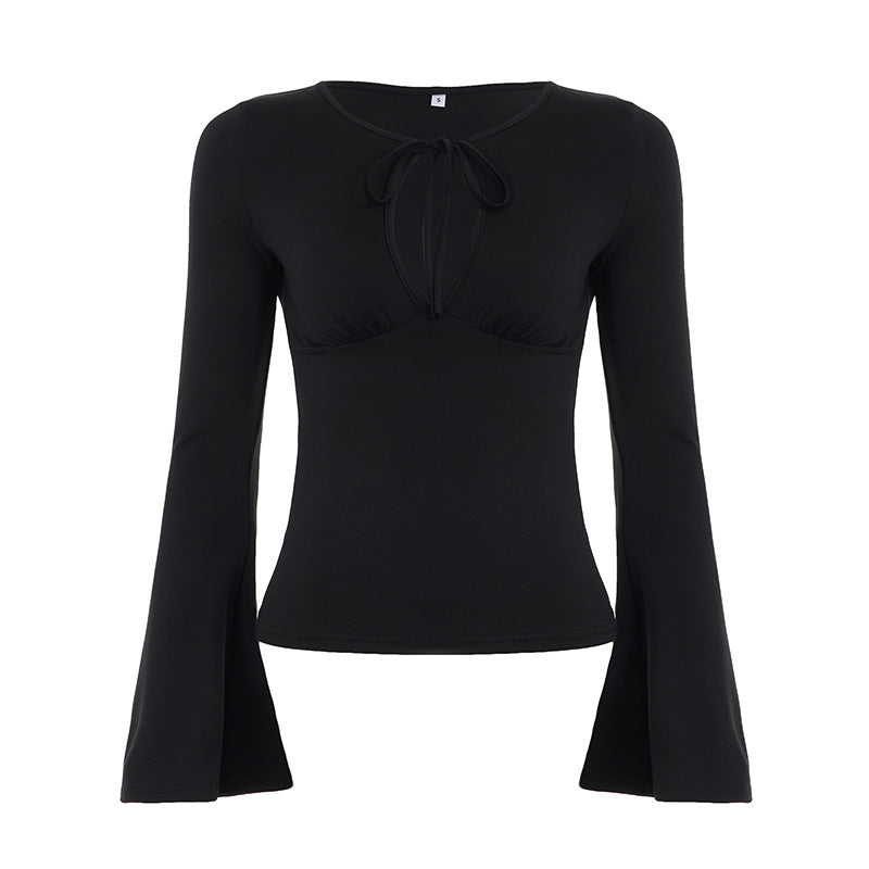 Elegant Slimming Solid-color Hollow-out Lace-up Fitted Versatile Bell-sleeve Knit Womens Blouse
