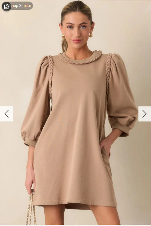 Woven Trim Puff Sleeve Dress