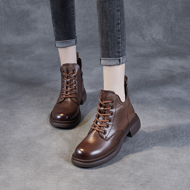 Women's V-mouth Lace-up Flat Leather Short Martin Boots