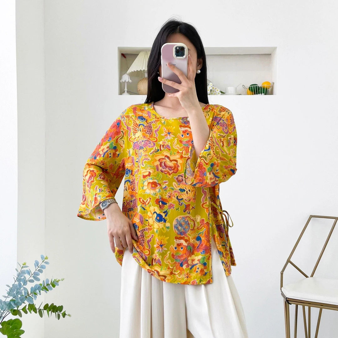 Womens Relaxed-fit Chinese-style Shirt With Flared Sleeves