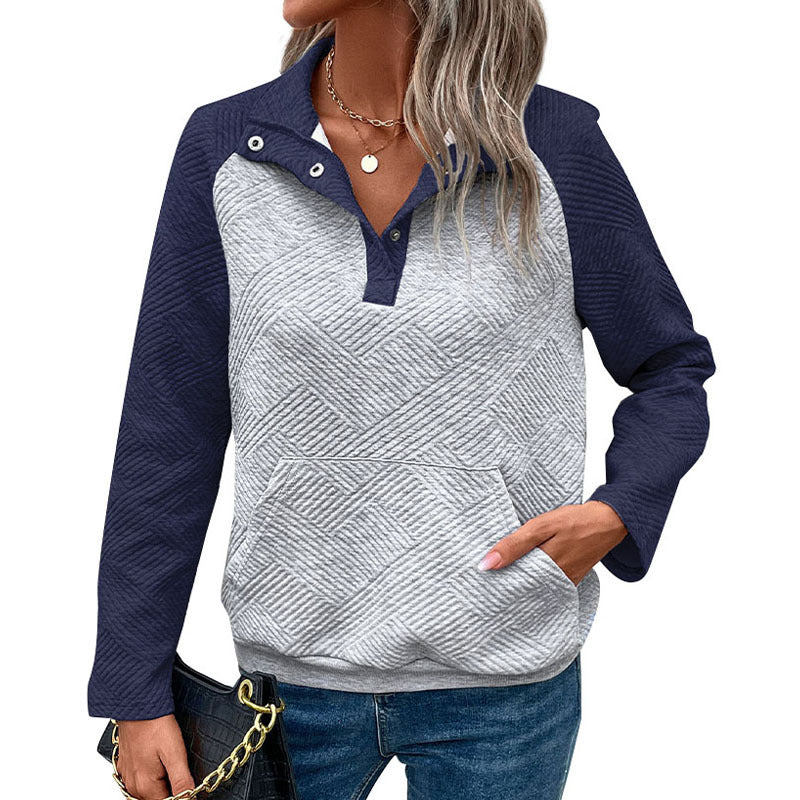 Casual And Minimalist Women's Color-Block Polo-Neck Hoodie