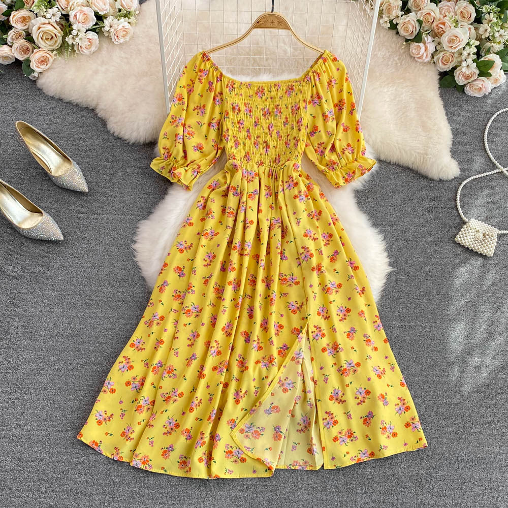 Bubble Short Sleeve Waist Wrapped Slim Split Dress