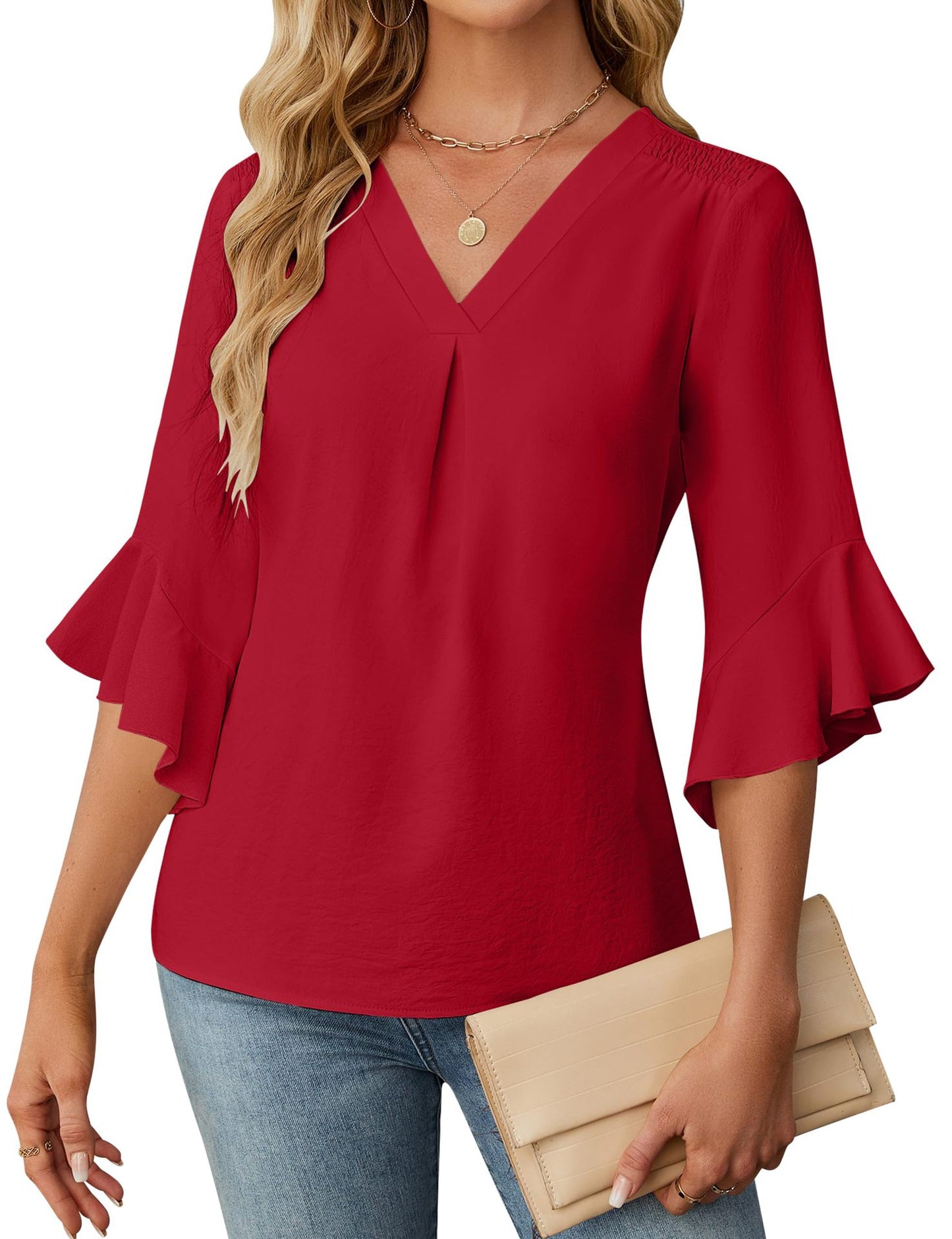 Womens Casual Chiffon Blouse With V-Neck And Ruffle Sleeves