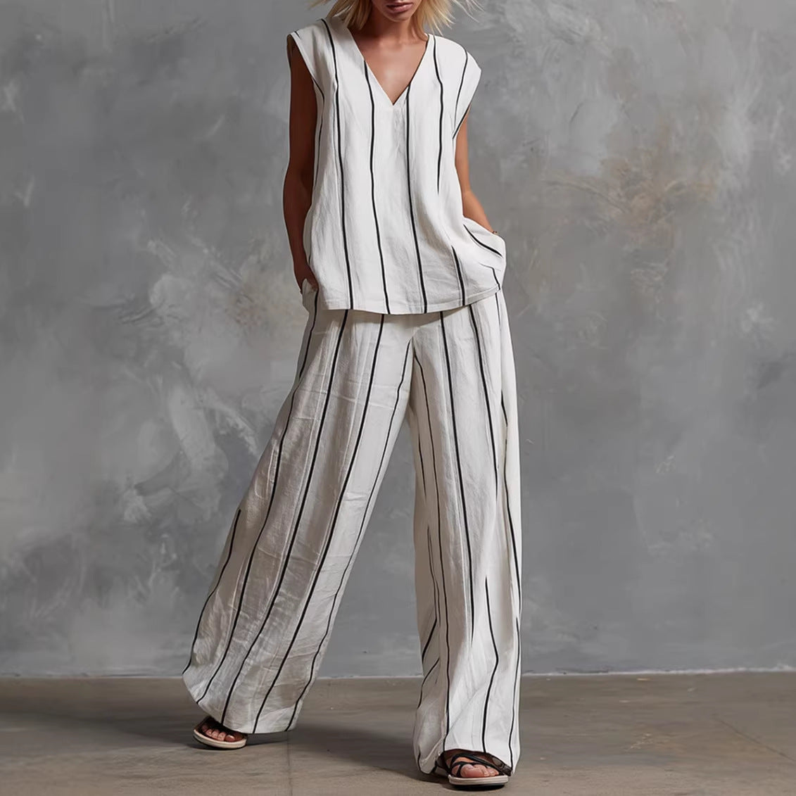 French Minimalist Black And White Vertical Stripe Loose Cotton-Linen Womens Set