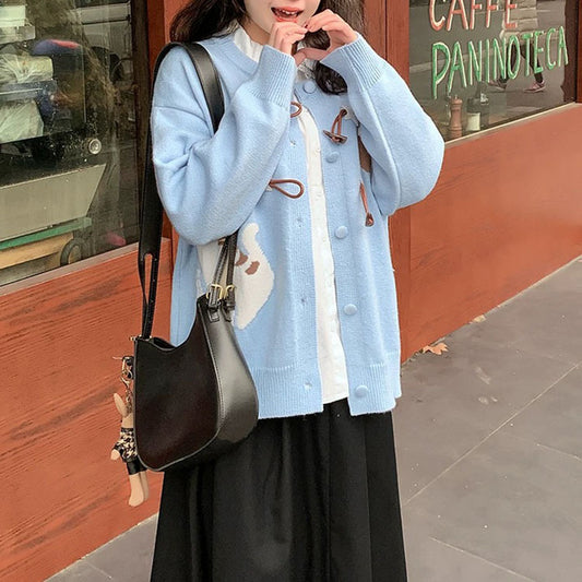 Japanese Style Sweet And Cute Cartoon Jacquard Horn Button Knitted Cardigan