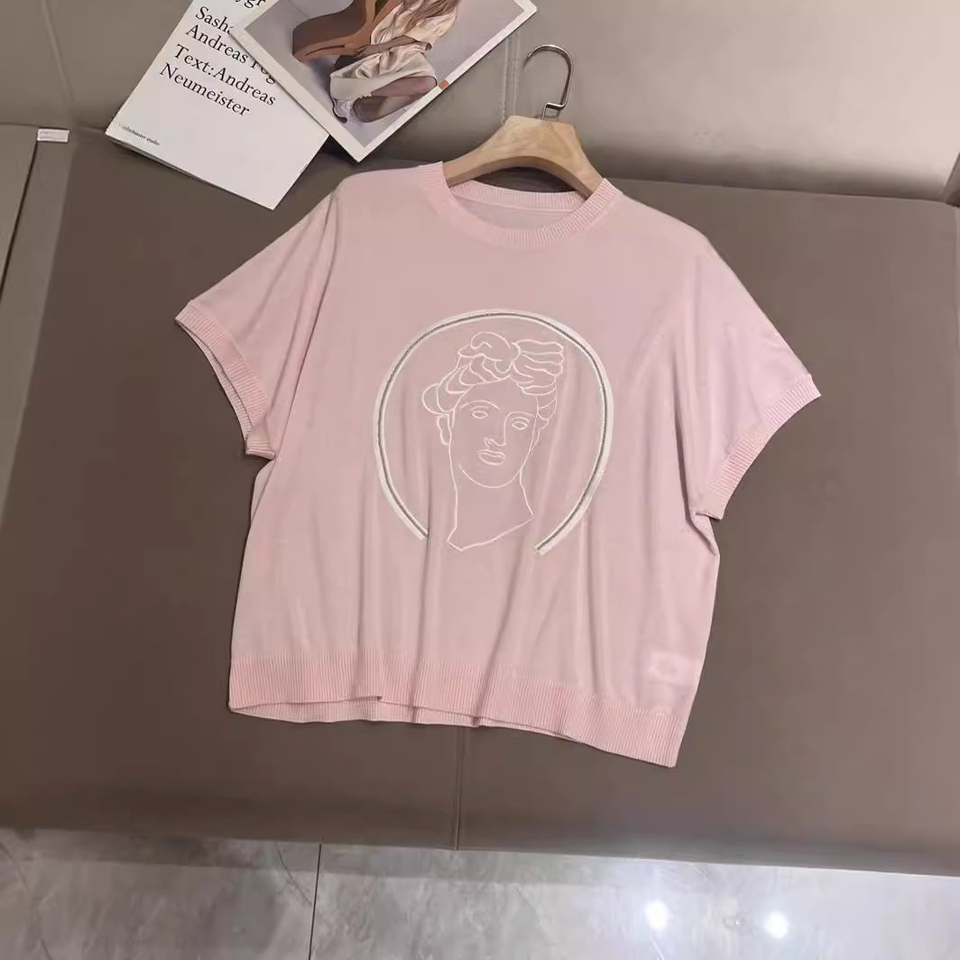 Young Commuter Heavy Industry Beads Pattern Pullover Wool Knitwear Short Sleeve Women