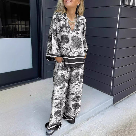 Expert V-neck Printed Long Sleeve Pocket Casual Women's Suit
