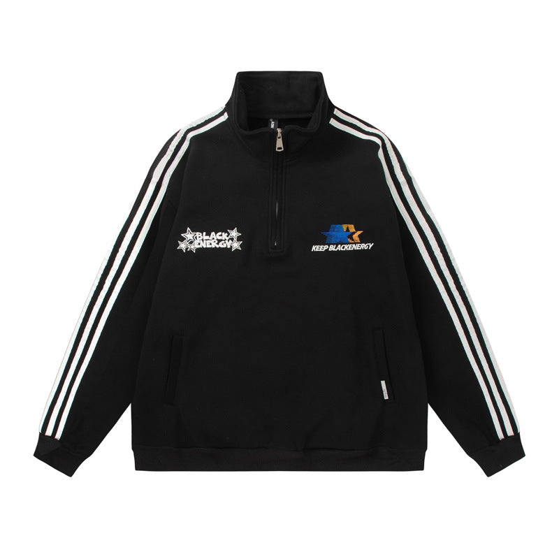 Men's American-style Retro Street Striped With Fleece Lining Half Zipper Jacket