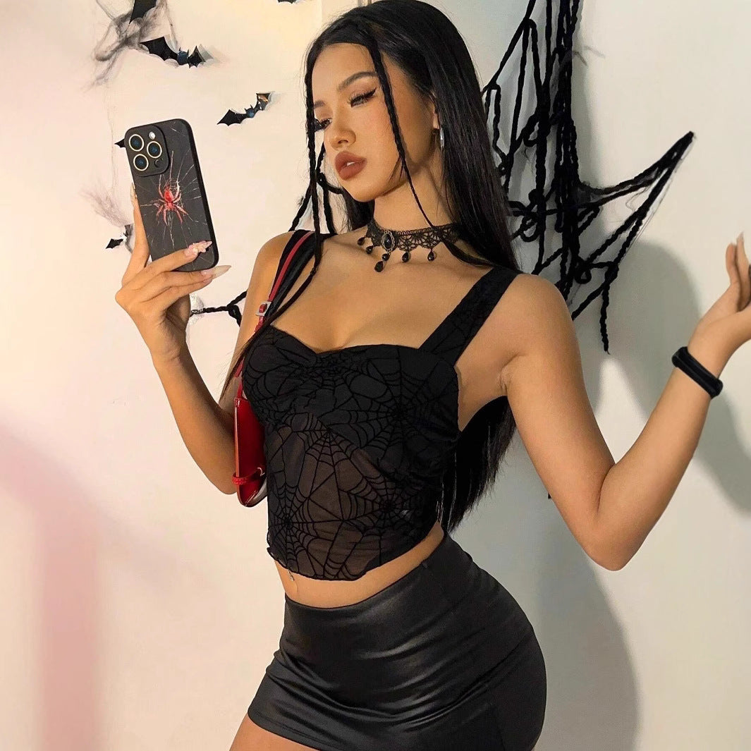 Sexy Hot Girl Spider Web Mesh See-through Slim-fit Sleeveless Vest