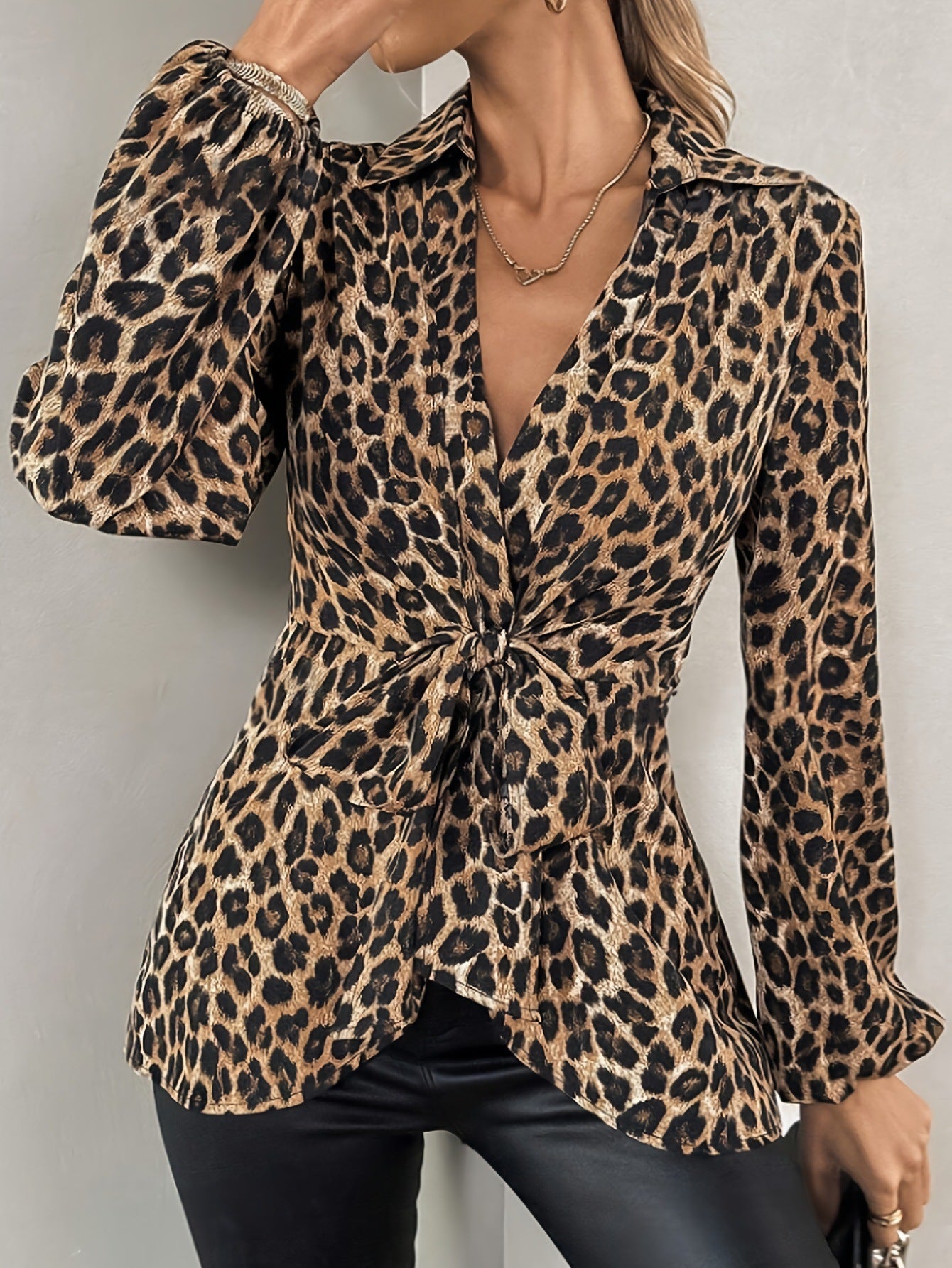 Printed Lace-up V-neck Elegant Long-sleeve Shirt
