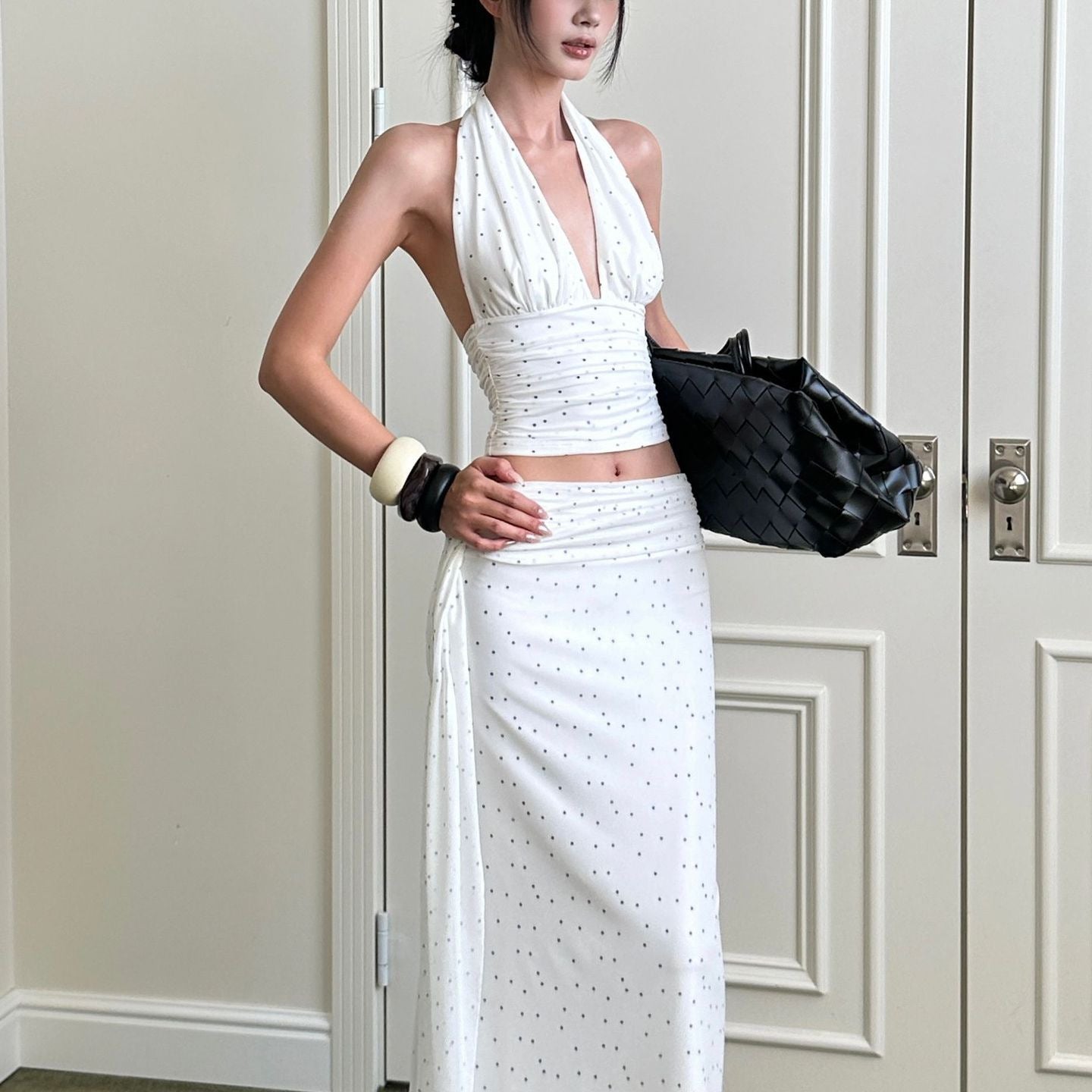 French-style Vintage Polka-dot Top And High-waisted Sheath Skirt