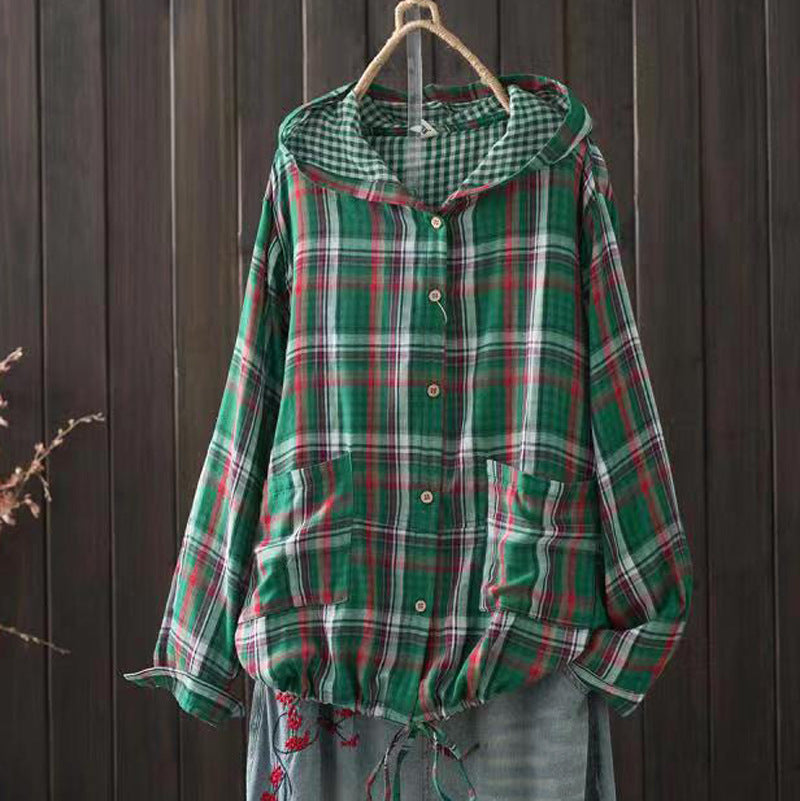 New Korean-style Oversized Artistic Retro Casual Plaid Cotton-linen Double-layer Shirt With A Hood