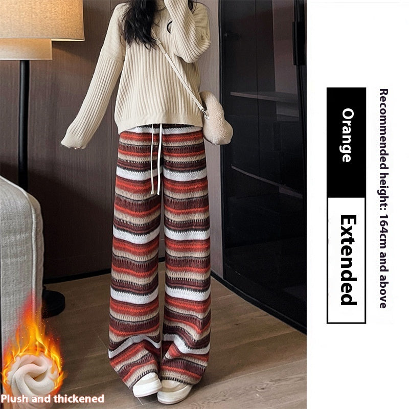 Woolen Striped Women's Wide-leg Pants Fallwinter Comfortable Retro