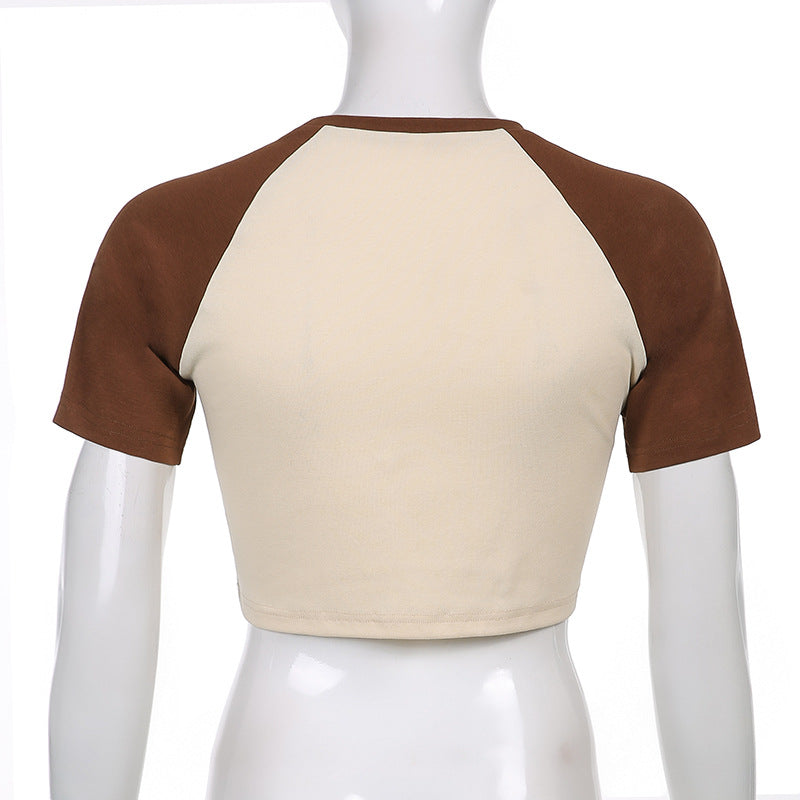 European And American Fashion Retro Round Neck Brown T-shirt