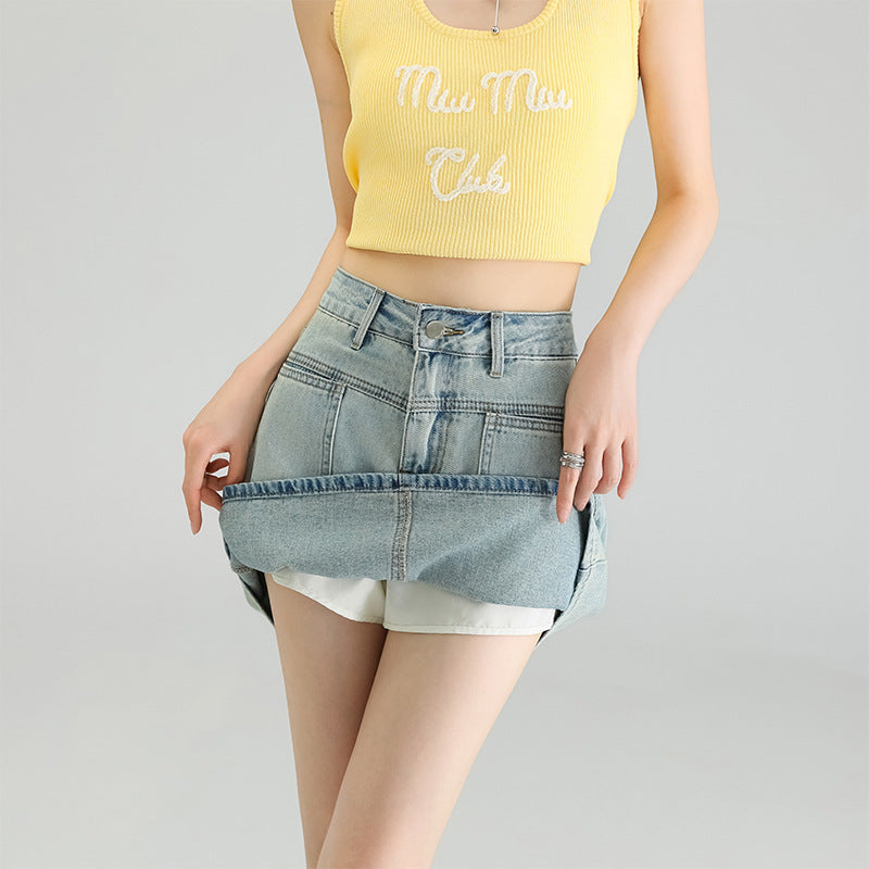 Denim Skirt Lining Safety Pants Design Sense All-match Blue