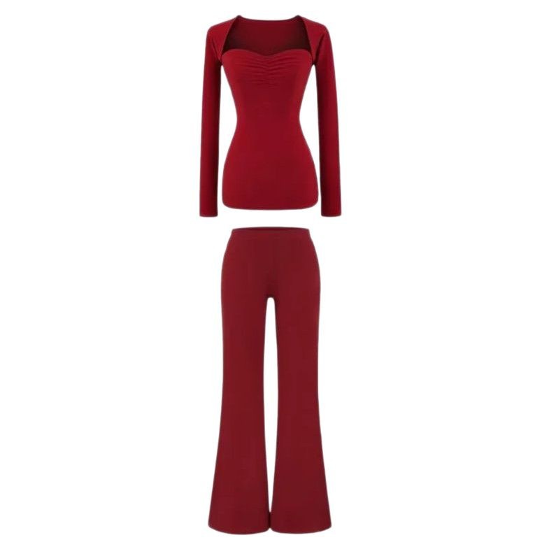 Sleeveless Long-Sleeve Draped Knit Flare Pants Set