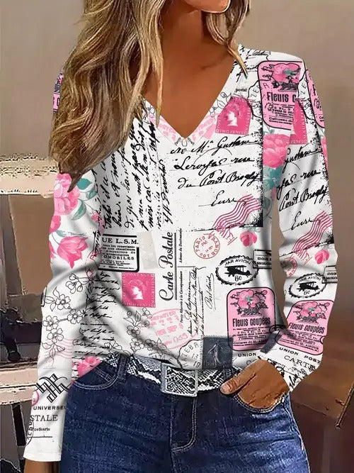New Stylish Casual Geometric V-Neck Long-Sleeve T-Shirt