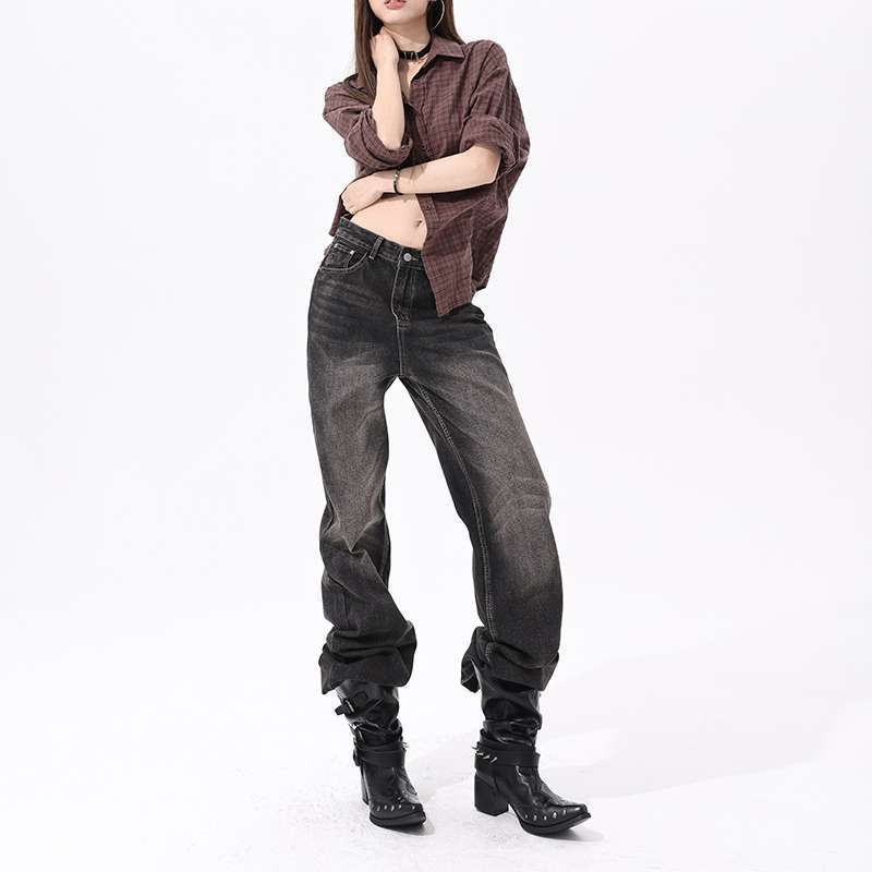 AutumnWinter Charcoal-Gray Loose Flared Denim Jeans