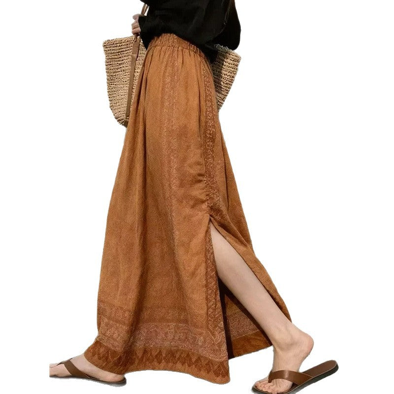 New Ethnic-style Coffee-colored Printed Half-length Skirt With A Back Slit