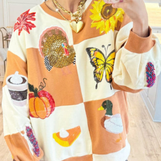 Dame sweatshirt med rund hals med græskar, sommerfugl, buket og andeprint
