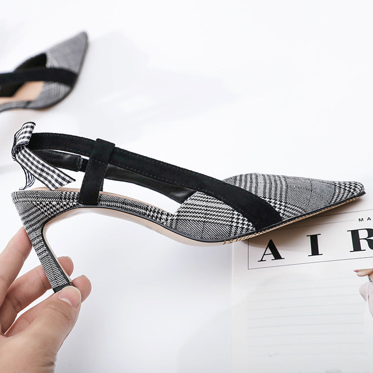Small Pointed Toe Plaid Fashion High-heeled Sandals Bow Knot Women's Sandals All-match Almond Shoes Women