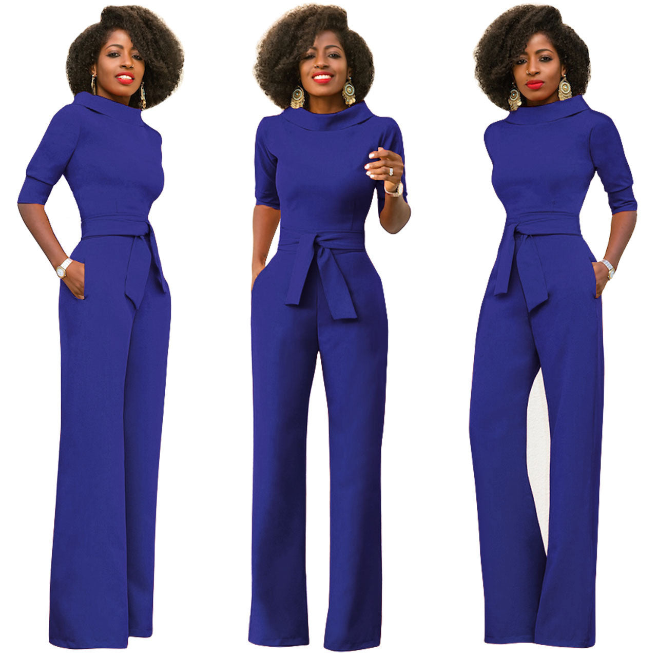 Women's Solid Color Five Quarter Sleeve High Waist Wide Leg Jumpsuit