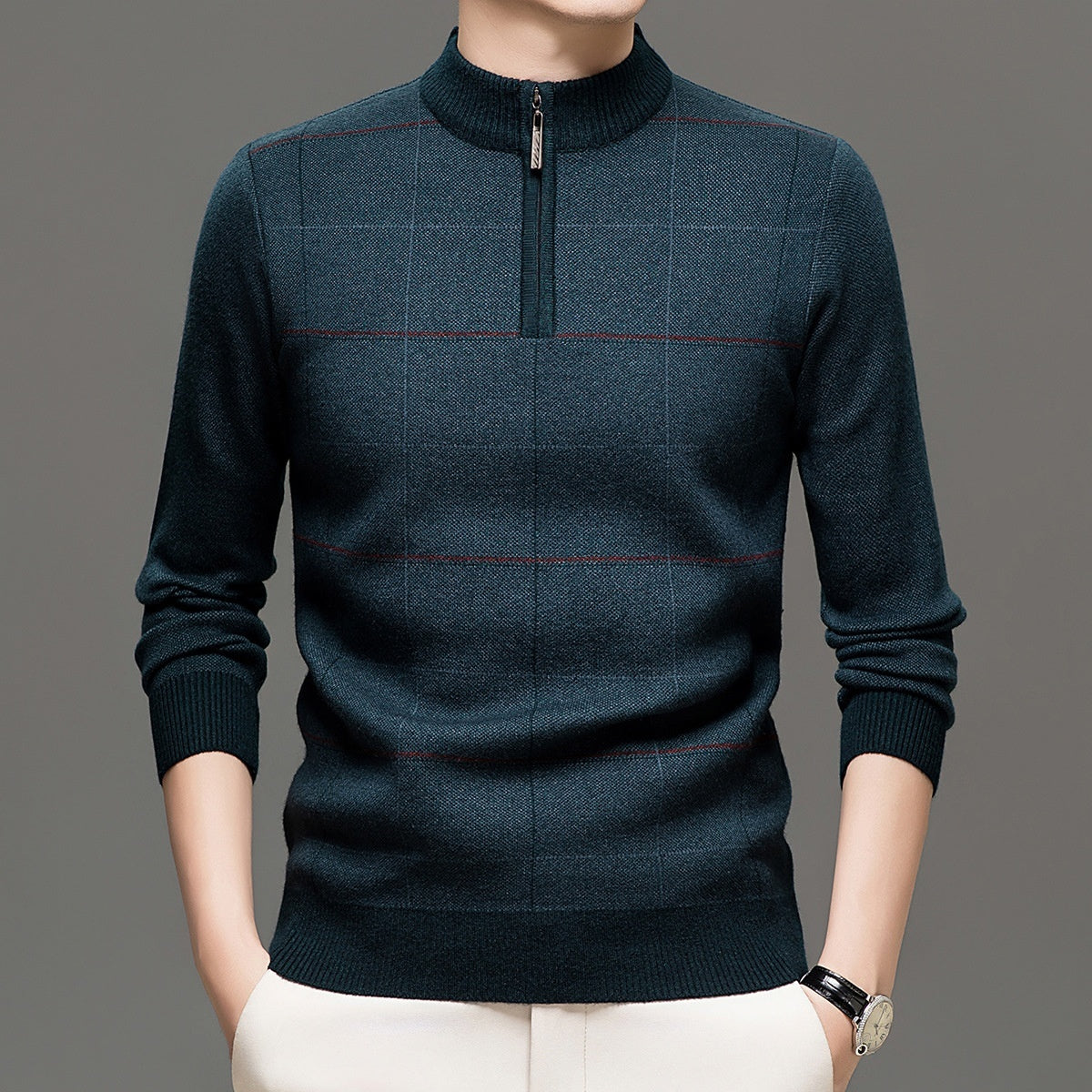 Mens Stylish Plaid Half-zip Knit Sweater