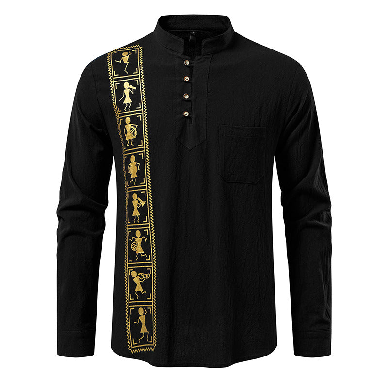 Printed Men's European Size Solid Color Cotton And Linen Shirt