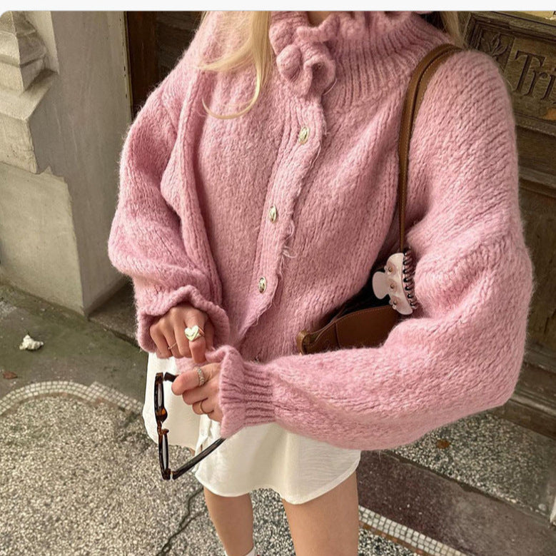 Women's Preppy Style Round Neck Sweater Cardigan Elegant Ruffle