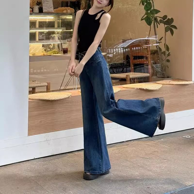 Retro Blue Wide-Leg Denim Jeans For Women, Autumn Supermarket Style