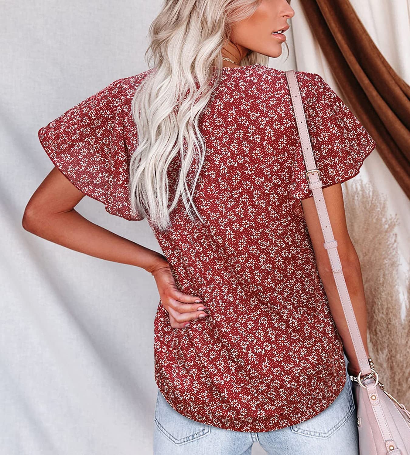 V Neck Floral Pleated Shirt Casual Short Sleeve Loose Top