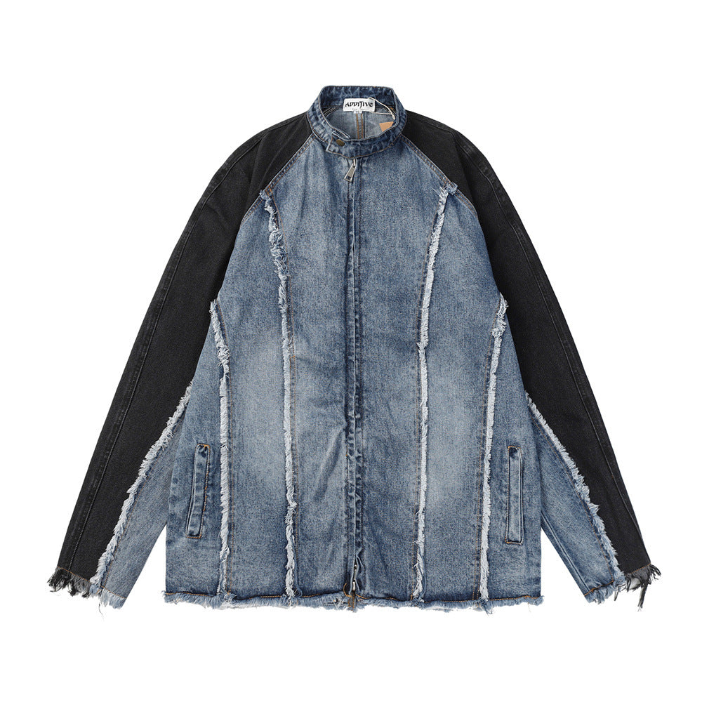 Heavy Industry Distressed Cat Raw-cut Edges Color Matching Machete Sleeve Wash Stand Collar Denim Coat