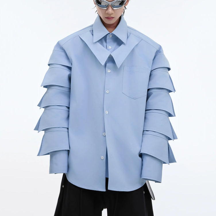 Split Padded Shoulder Fake Two Pieces Shirts Pleated Design Three-dimensional