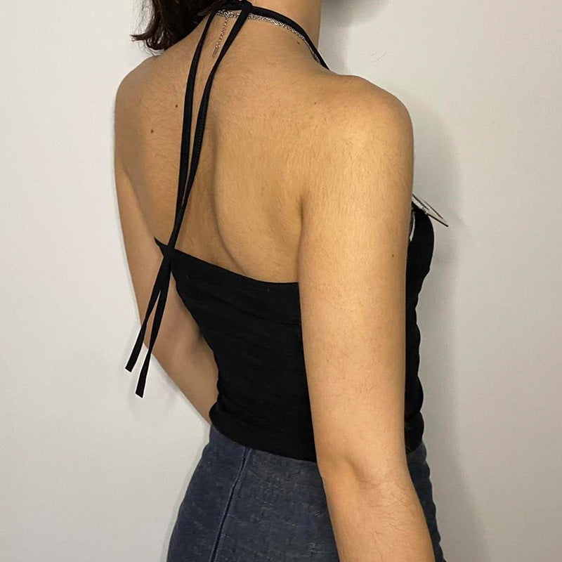 Personality Design Contrast Color Belt Stitching Halter Vest